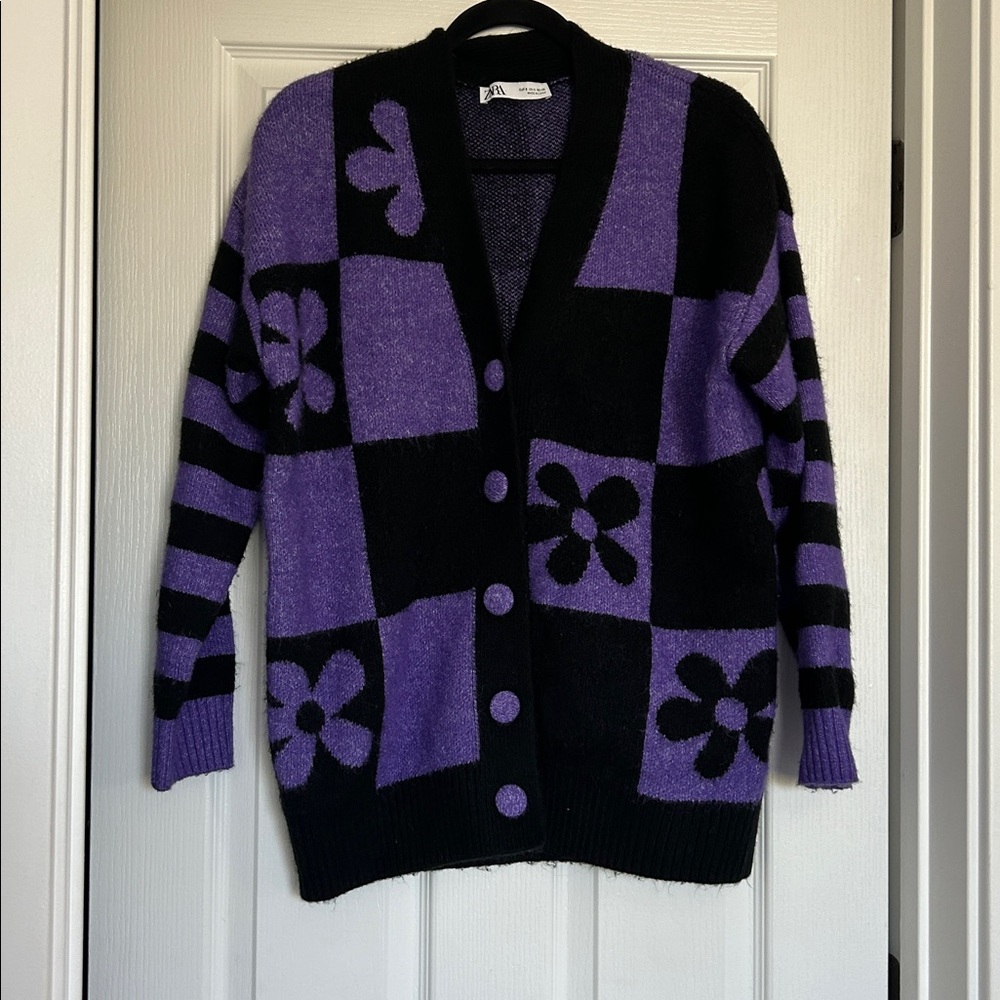 Zara Purple and Black Checkered Cardigan